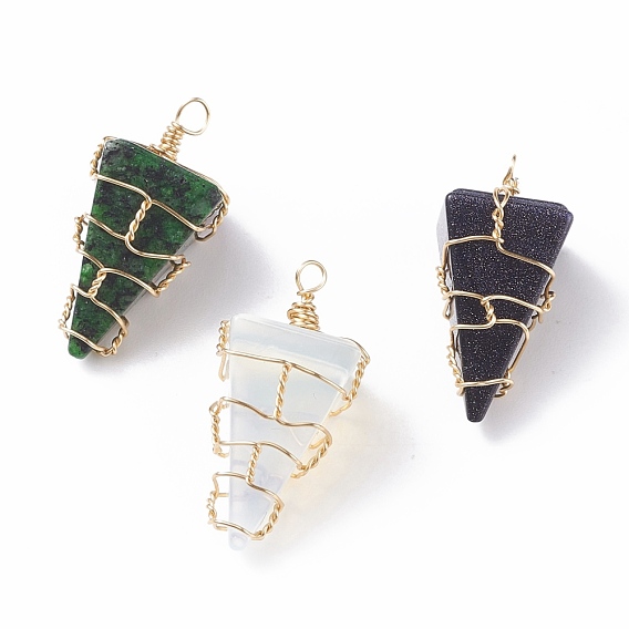 Natural & Synthetic Gemstone Pendants, with Golden Tone Copper Wire Wrapped, Pyramid