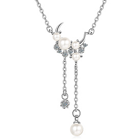 Moon Tassel Pearl Pendant Necklace - Short Collarbone Chain, Unique, Charming.