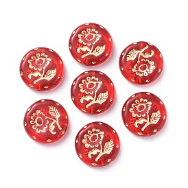 Plating Acrylic Beads, Metal Enlaced, Flat Round with Flower