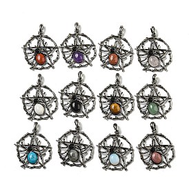 Gemstone Pendants, Alloy Pentagram with Spider Charms, Antique Silver