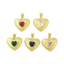 Rack Plating Brass Micro Pave Cubic Zirconia Pendants, Cadmium Free & Lead Free, Long-Lasting Plated, Heart, Real 18K Gold Plated