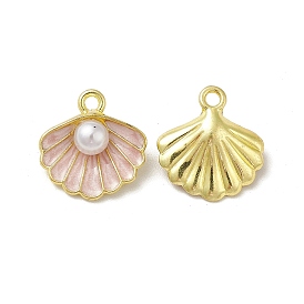 Rack Plating Alloy Enamel Pendants, with ABS Plastic Imitation Pearls, Light Gold, Shell Charms