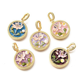 Латунные подвески с микропаве из кубического циркония и эмали, плоский круглый с цветными чарами, с блестящей пудрой и натуральным пресноводным жемчугом, реальный 18 k позолоченный
