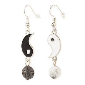 Alloy Enamel Yin Yang Matching Asymmetrical Earrings, Brass Dangle Earrings with Natural Lava Rock & Howlite for Women