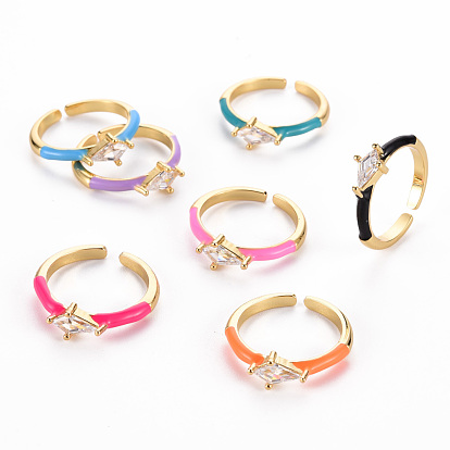 Brass Enamel Cuff Rings, Open Rings, Solitaire Rings, with Clear Cubic Zirconia, Nickel Free, Rhombus, Golden