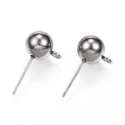 304 Stainless Steel Ball Stud Earring Findings, with Loop