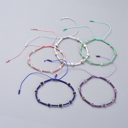 Adjustable Braided Bead Bracelets, with Nylon Thread, Glass Seed Beads, Natural Gemstone Beads