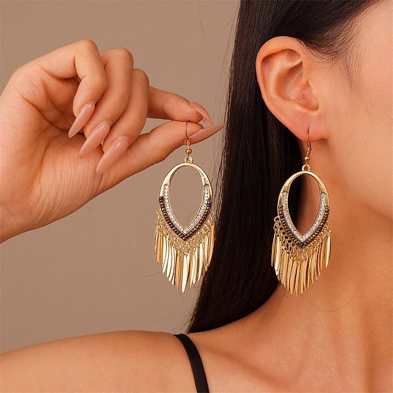 Серьги-люстры с кисточками в форме капли из латуни со стразами, со сплавом и железом и бисером