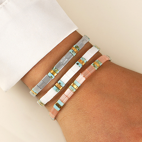 Браслеты из стеклянного бисера в богемном стиле, эластичные, для женщин., прямоугольные