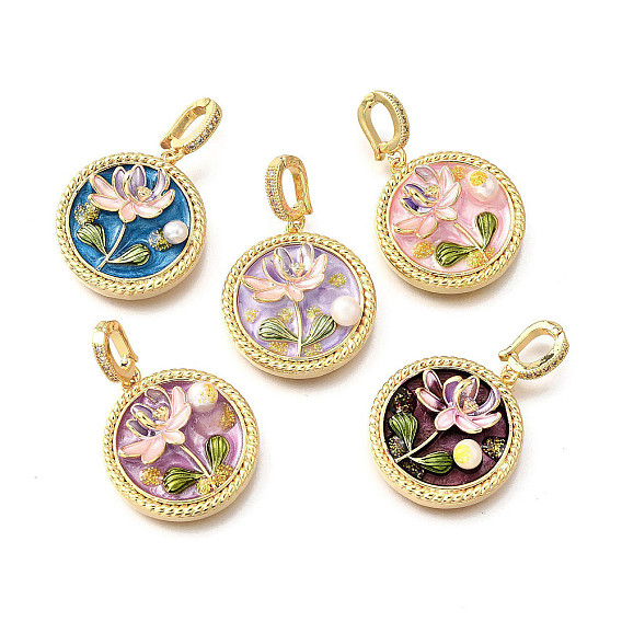 Латунные подвески с микропаве из кубического циркония и эмали, плоский круглый с цветными чарами, с блестящей пудрой и натуральным пресноводным жемчугом, реальный 18 k позолоченный