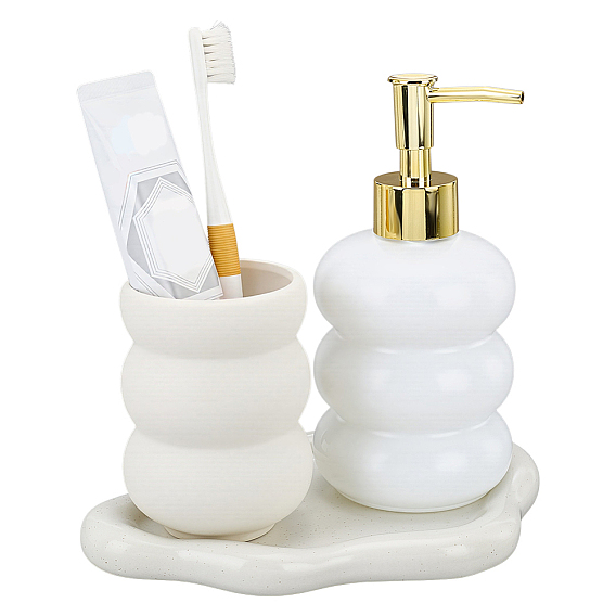 Bathroom Storage Kits, Including 1Pc Bubble Shape Golden Alloy Glass Pump Refillable Bottles, 1Pc Ceramics Jewelry Trays and 1Pc Double Bubble Ceramic Vase
