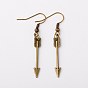 Tibetan Style Alloy Arrow Earrings, with Iron Earring Hooks, 49mm, Pin: 0.7mm