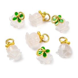 Natural Agate Flower Charms, with Brass Enamel Leaf & Jump Rings, Golden