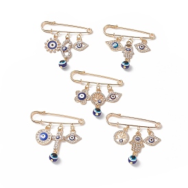 Crystal Rhinestone Evil Eye Charms Safety Pin Brooch with Resin Beaded, Alloy Enamel Sweater Shawl Clips for Waist Pants Extender Clothes Dresses Decoration