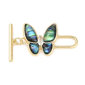 Brass Micro Pave Clear Cubic Zirconia Toggle Clasps, with Abalone shell, Butterfly