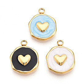 304 подвески из нержавеющей стали, с эмалью, плоский круглый с сердечками, ионное покрытие (ip), реальный 18 k позолоченный