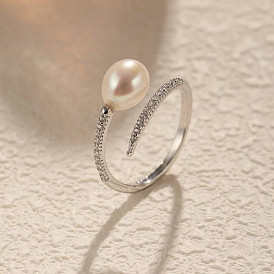 Кольца-манжеты из стерлингового серебра с родиевым покрытием и прозрачными кубическими цирконами для женщин, с натуральным пресноводным жемчугом