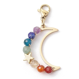 Chakra Natural Gemstone Wire Wrapped Moon Pendant Decorations, Lobster Clasp Charm for Bag Ornaments