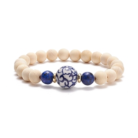 Natural Wood  & Lapis Lazuli(Dyed) & Porcelain Round Beaded Stretch Bracelet, Yoga Jewelry for Women