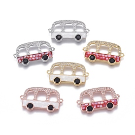 Brass Micro Pave Cubic Zirconia Links, with Enamel & Natural Shell, Long-Lasting Plated, Bus, Clear