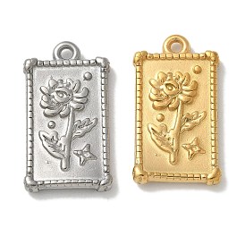 304 Stainless Steel Pendants, Rectangle with Flower Charm