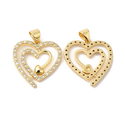 Brass Micro Pave Clear Cubic Zirconia Pendants, Cadmium Free & Lead Free, Heart