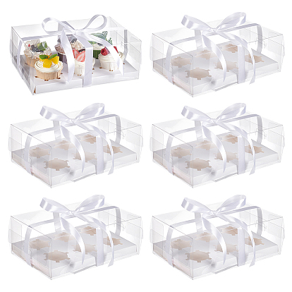 6 шт. складных бумажных коробок для хранения кексов с прозрачными крышками, с 1 рулонными полиэфирными лентами