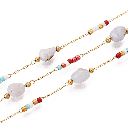 Бусины ручной работы самородки цепочки звеньев, с агатом и 304 нержавеющей сталью, для ожерелья браслеты решений, ионное покрытие (ip), пайки, с катушкой