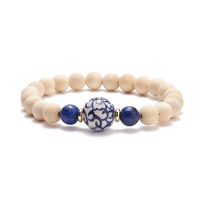 Natural Wood  & Lapis Lazuli(Dyed) & Porcelain Round Beaded Stretch Bracelet, Yoga Jewelry for Women