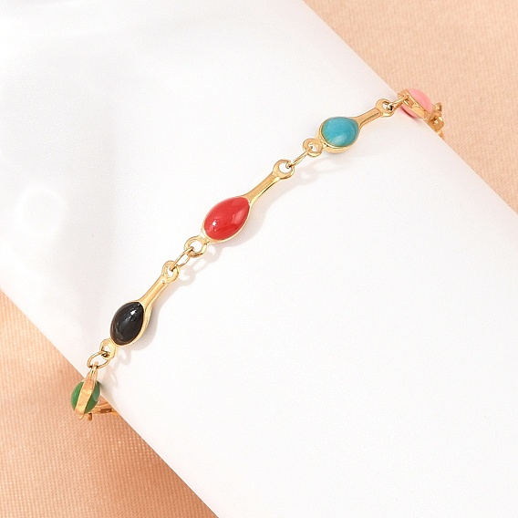 304 Браслеты из нержавеющей стали с эмалированными звеньями в форме капли для женщин, ионное покрытие (ip), долговечный