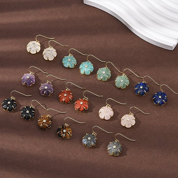 Серьги-подвески с натуральными драгоценными камнями в форме цветка, с прозрачным кубическим цирконием и латунной фурнитурой, золотые, стойки покрытие