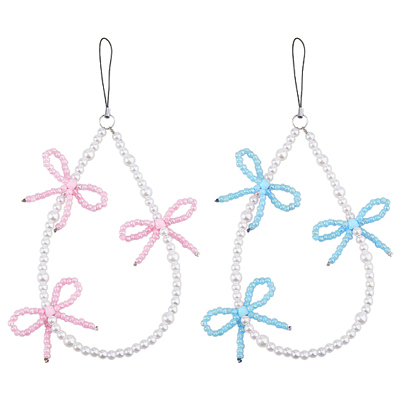 4 шт. 2 цвета пластика имитация жемчуга мобильные ремешки, со стеклянными бисеринами, бантом, платина