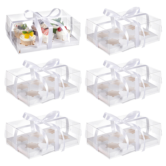 6 шт. складных бумажных коробок для хранения кексов с прозрачными крышками, с 1 рулонными полиэфирными лентами