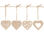 Heart Unfinished Wooden Ornaments, with Hemp Cord, Valentine's Day Hanging Decorations, for Party Gift Home Decoration