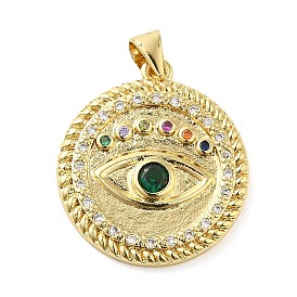 Real 18K Gold Plated Brass Clear Cubic Zirconia Pendants, with Glass, Flat Round with Evil Eye