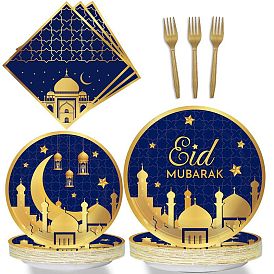 Ensembles de vaisselle jetables pour le festival du ramadan, y compris les assiettes en carton, les gobelets et les serviettes, fourchettes en plastique