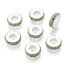 Alloy European Beads, with Crystal Rhinestones, Large Hole Beads, Flat Round, Silver