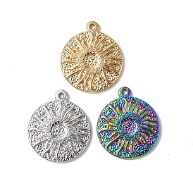 304 Stainless Steel Pendants, Textured, Flat Round with Sun Charm
