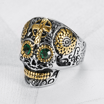 Two Tone 316 Surgical Stainless Steel Skull with Cross Finger Ring, Emerald Rhinestone Gothic Punk Jewelry for Men Women