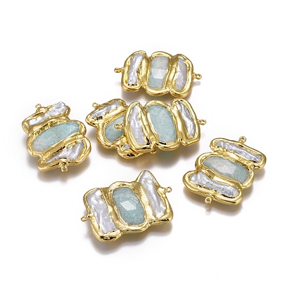 Natural Pearl Links Connectors, with Natural Gemstone & Brass Findings, Faceted, Rectangle, Golden