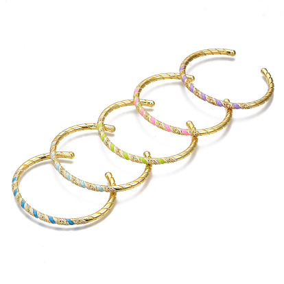 Cubic Zirconia Twist Rope Shape Cuff Bangle, Golden Brass Enamel Open Bangle, Torque Bangles for Women, Nickel Free