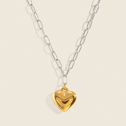 Duo Tone 304 Stainless Steel Heart Pendant Paperclip Chain Necklaces for Women