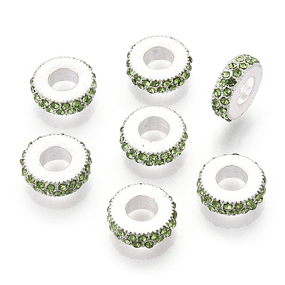 Alloy European Beads, with Crystal Rhinestones, Large Hole Beads, Flat Round, Silver