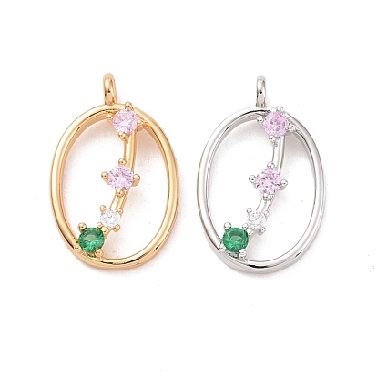 Rack Plating Brass Micro Pave Cubic Zirconia Pendants, Cadmium Free & Lead Free, Long-Lasting Plated, Oval