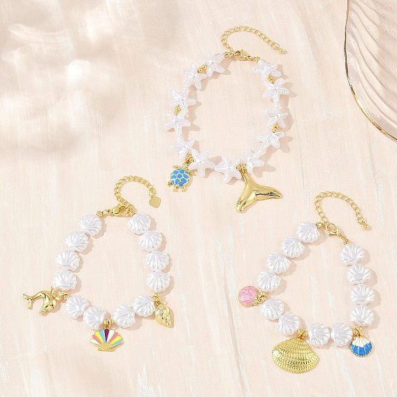 Bracelets à breloques en laiton émaillé océan pour femmes, bracelets en ABS blanc avec imitation perles, crémaillère plaquage, plaqué longue durée, sans cadmium et sans plomb, réel 18 k plaqué or