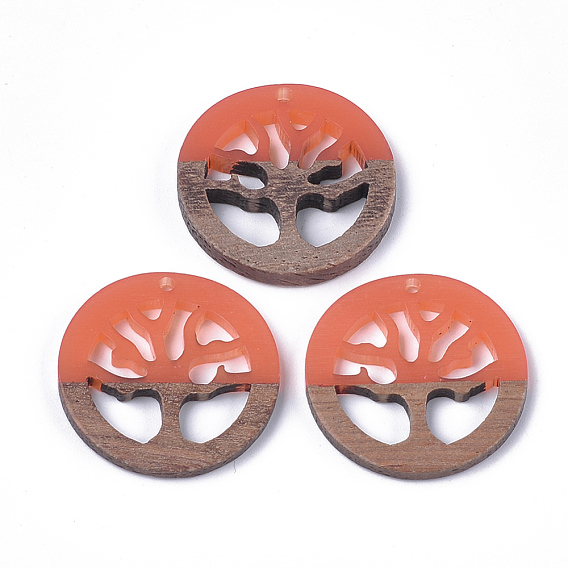 Подвески из смолы и ореха, плоские круглые с деревом