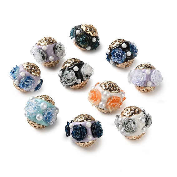 Ручная полимерная глиняная индонезия бисер, круглая с цветком, с сердечником из сплава и искусственной смолы и АБС-пластика, золотой свет