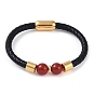 10.5mm Round Natural Stone Bead Bracelets, Braided Leather Cord Bracelets with Ion Plating(IP) Golden Color Tone 304 Stainless Steel Magnetic Clasps, for Men Women