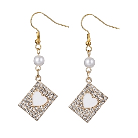 Alloy Crystal Rhinestone Rectangle with Heart Dangle Earrings, Imitated Pearl Acrylic Beaded Drop Earrings with Enamel