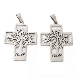 201 Stainless Steel Pendants, Laser Cut, Cross with Tree of Life Charm